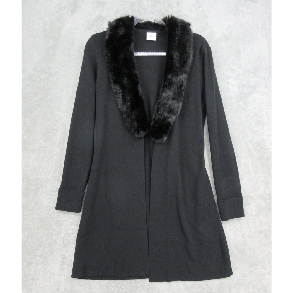 Cabi Sweater Womens Size S Dynasty Faux Fur Collar Cardigan Mid Length Black